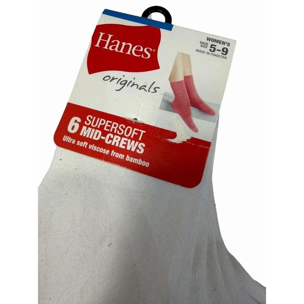 hanes 6 pairs womens super soft mid crew socks white size 5-9